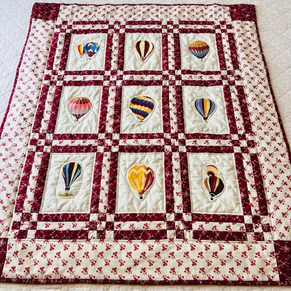 Bespoke Handmade Embroidered Hot Air Balloon Cotton Wall-Hanging Quilt.